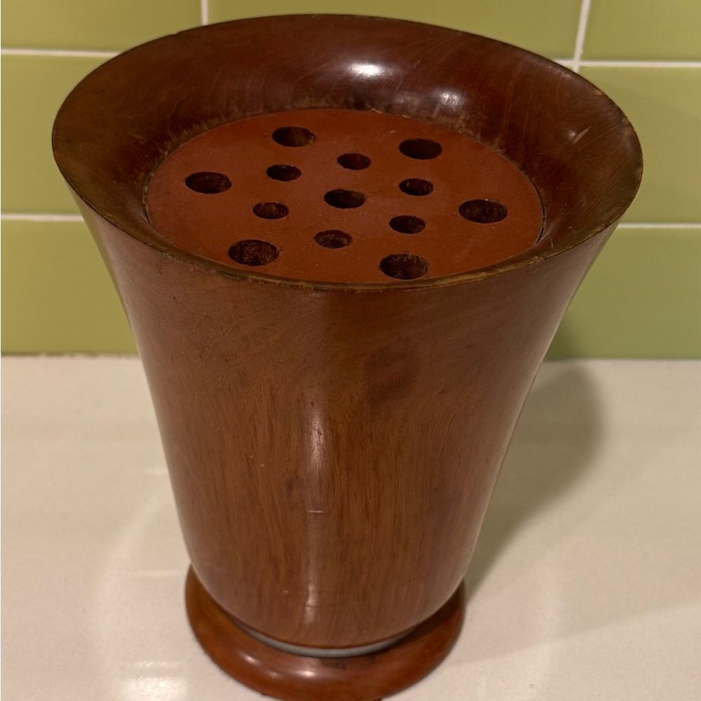 Vintage Wooden Vase with Built-In Flower Frog — Decorative / Mid-Century